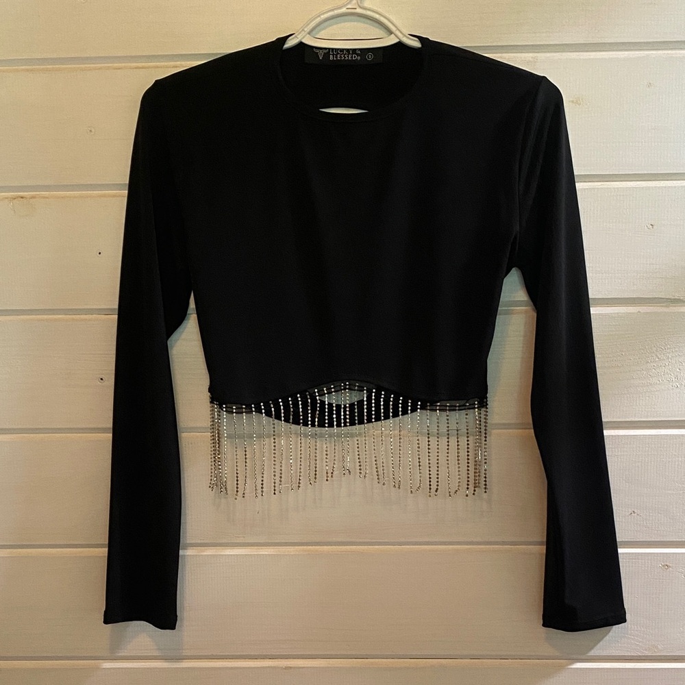 Lucky and Blessed Black Fringe Long Sleeve Blouse